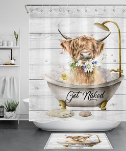 Highland Cow and Flower Rustic Board Shower Curtain for Bathroom Decor