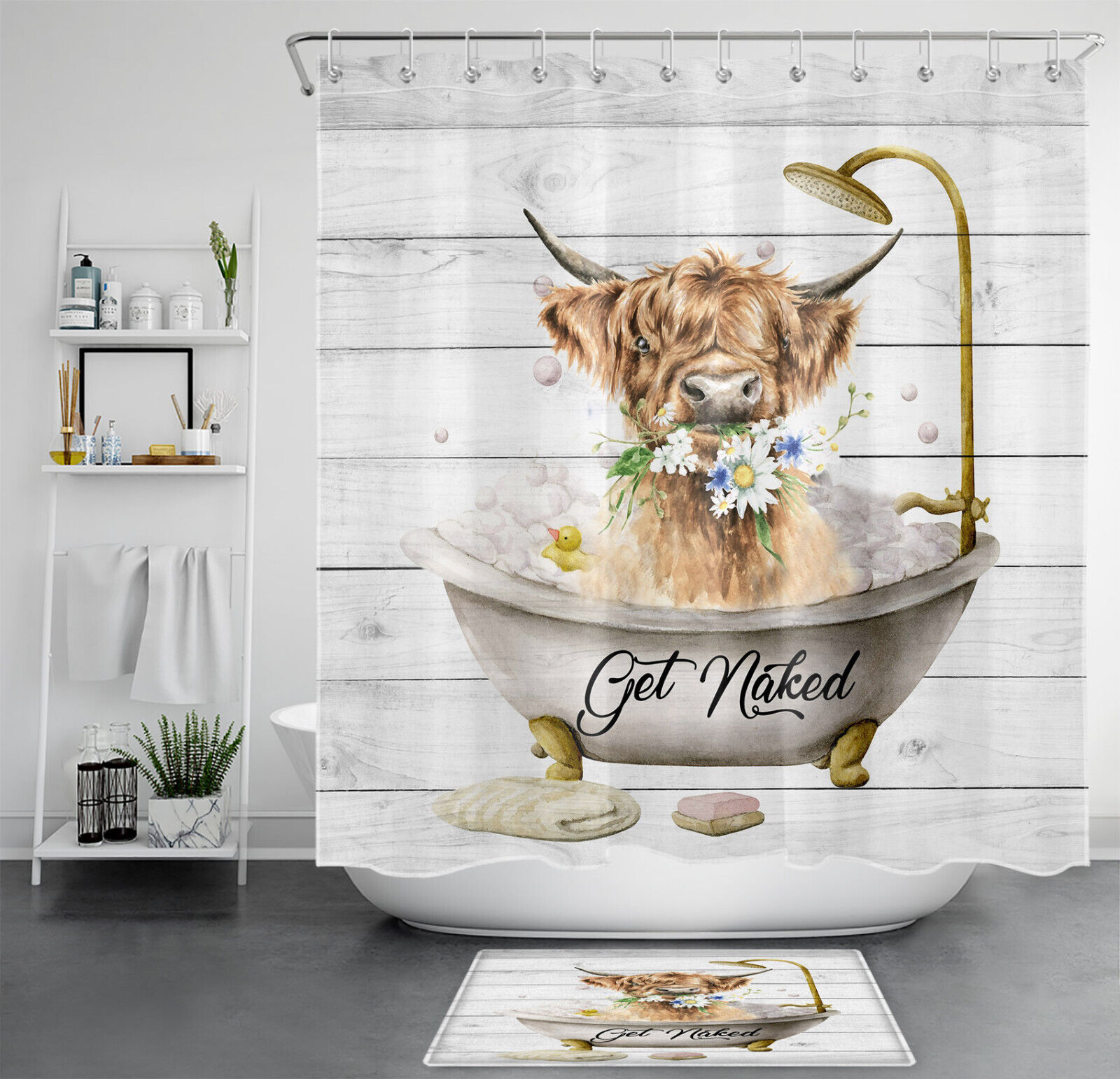 Highland Cow and Flower Rustic Board Shower Curtain for Bathroom Decor