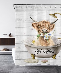 Highland Cow and Flower Rustic Board Shower Curtain for Bathroom Decor