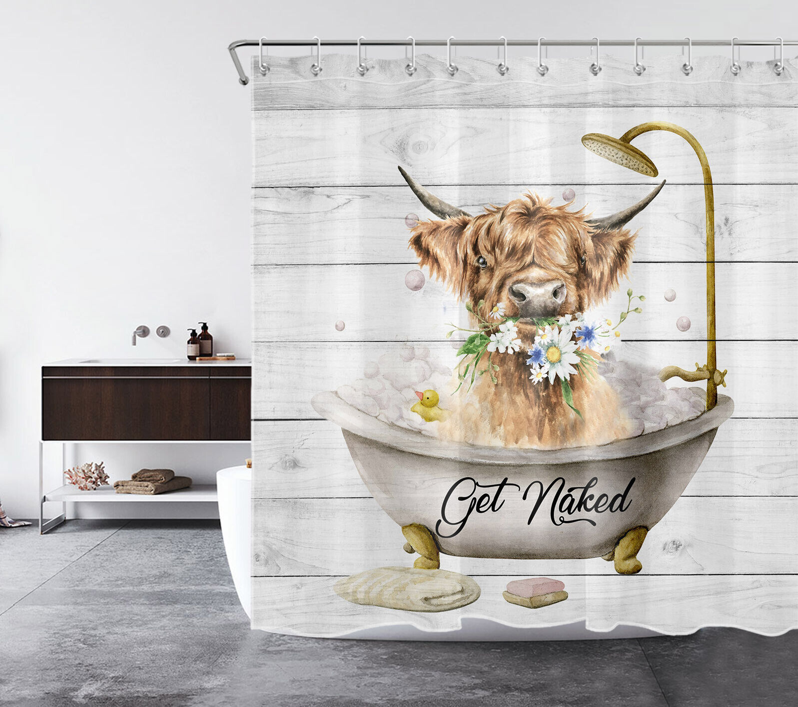 Highland Cow and Flower Rustic Board Shower Curtain for Bathroom Decor