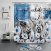 Highland Cow on Blue Flower Shower Curtain for Spring Bathroom 