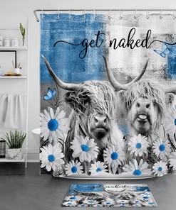 Highland Cow on Blue Flower Shower Curtain for Spring Bathroom 