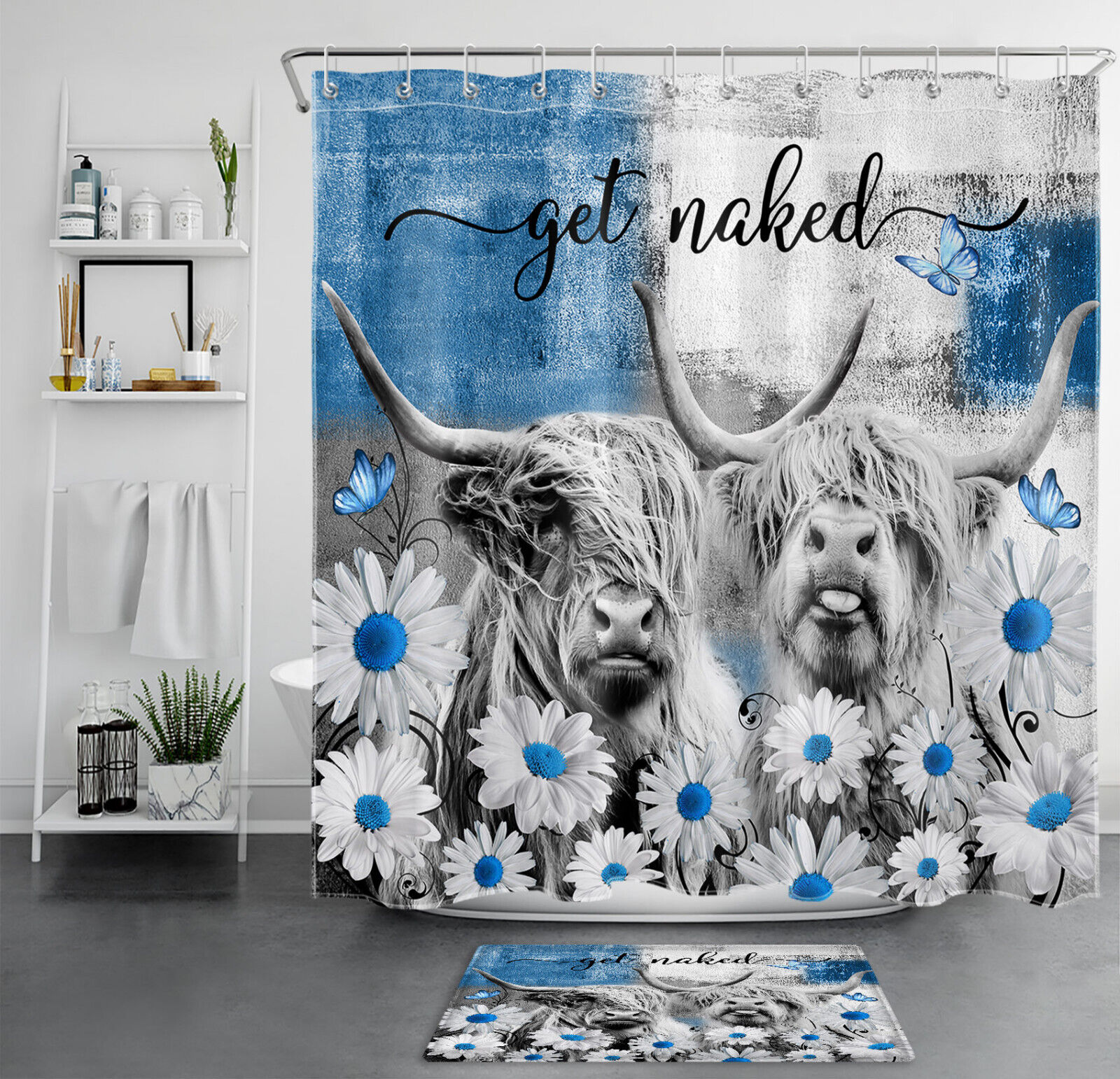 Highland Cow on Blue Flower Shower Curtain for Spring Bathroom