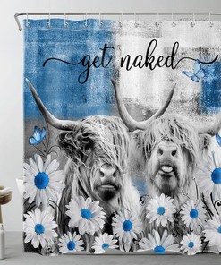 Highland Cow on Blue Flower Shower Curtain for Spring Bathroom
