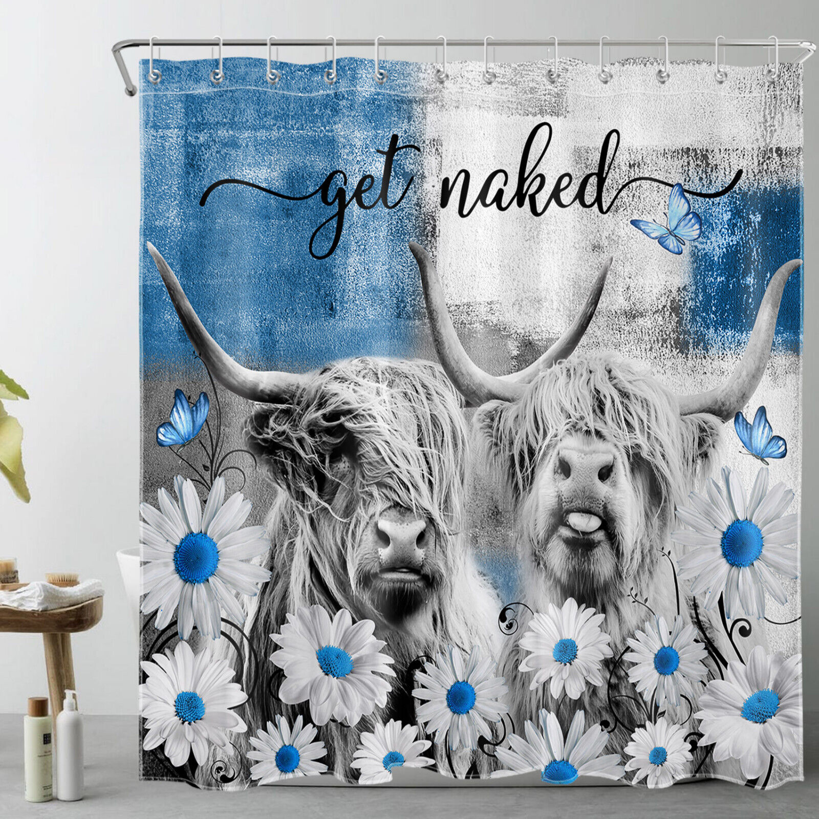 Highland Cow on Blue Flower Shower Curtain for Spring Bathroom