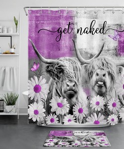 Highland Cow on Purple Daisy Floral Shower Curtain for Bathroom Decor 