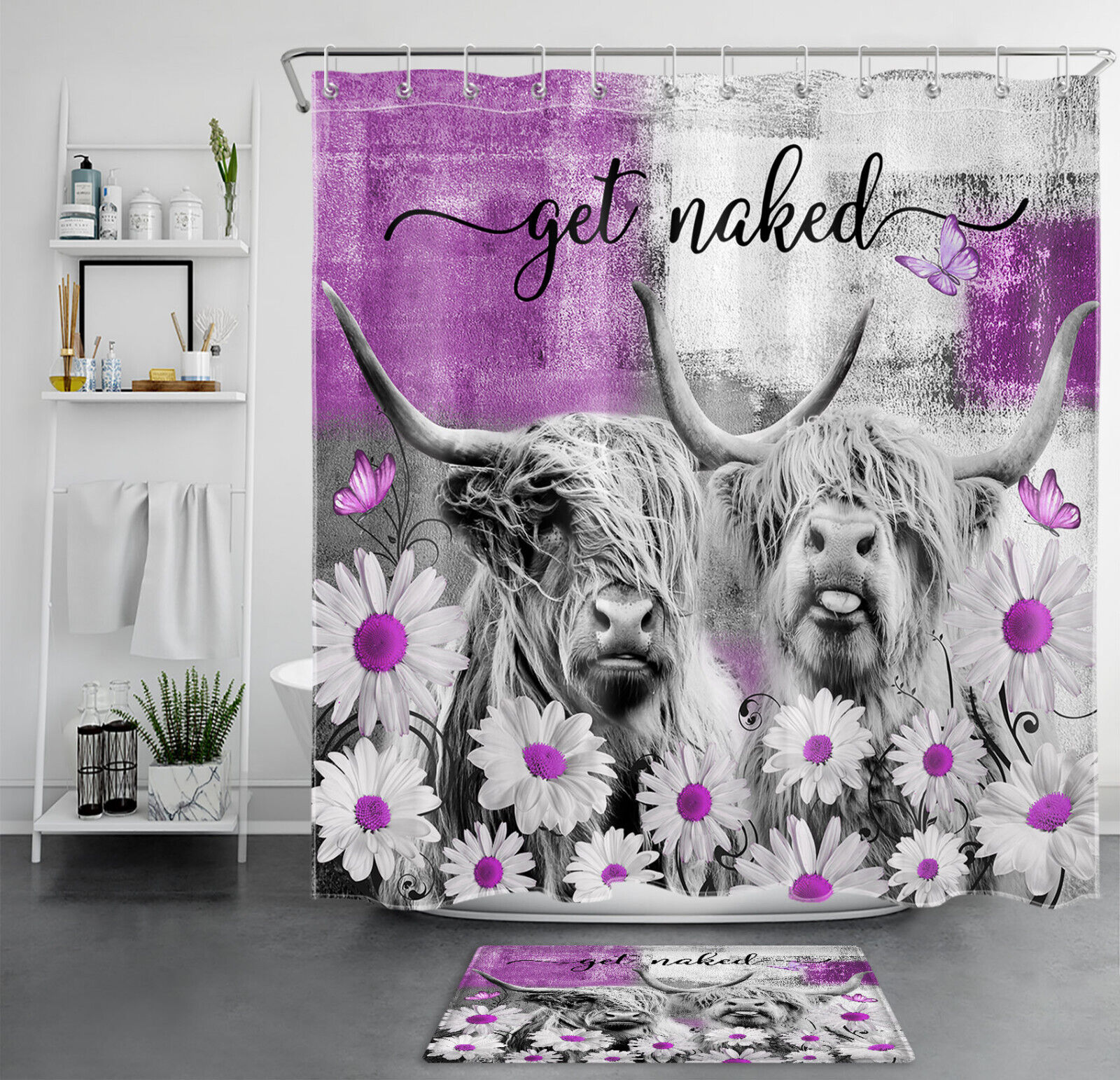 Highland Cow on Purple Daisy Floral Shower Curtain for Bathroom Decor