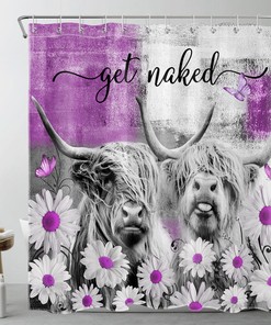 Highland Cow on Purple Daisy Floral Shower Curtain for Bathroom Decor