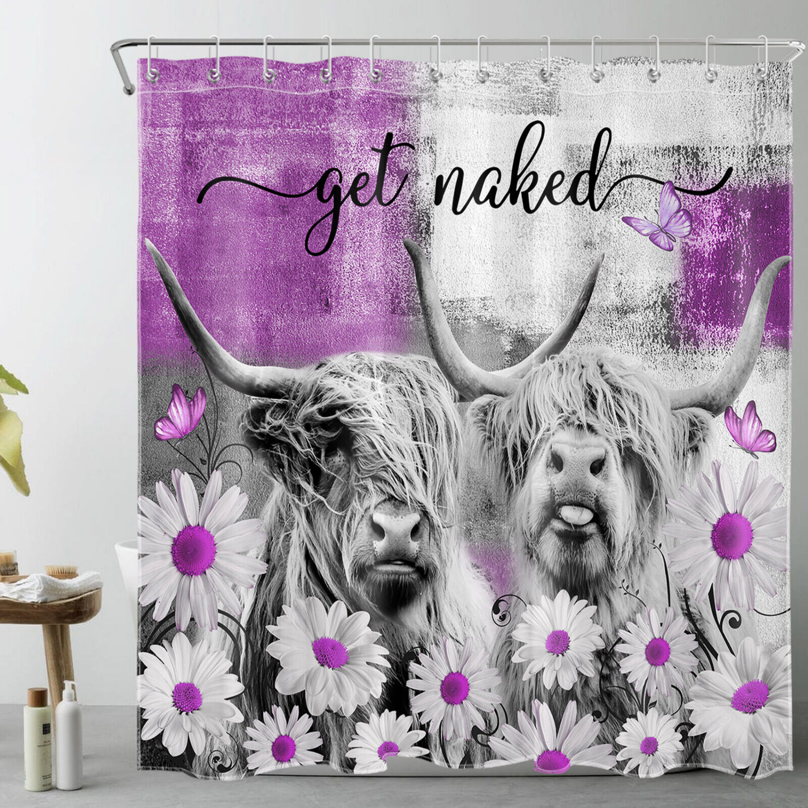 Highland Cow on Purple Daisy Floral Shower Curtain for Bathroom Decor