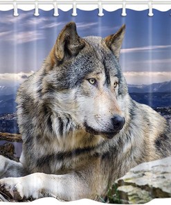 Highland Snow Mountain Wild Animals Purple Sky Background Wolf Shower Curtain, Rustic Bathroom Decor