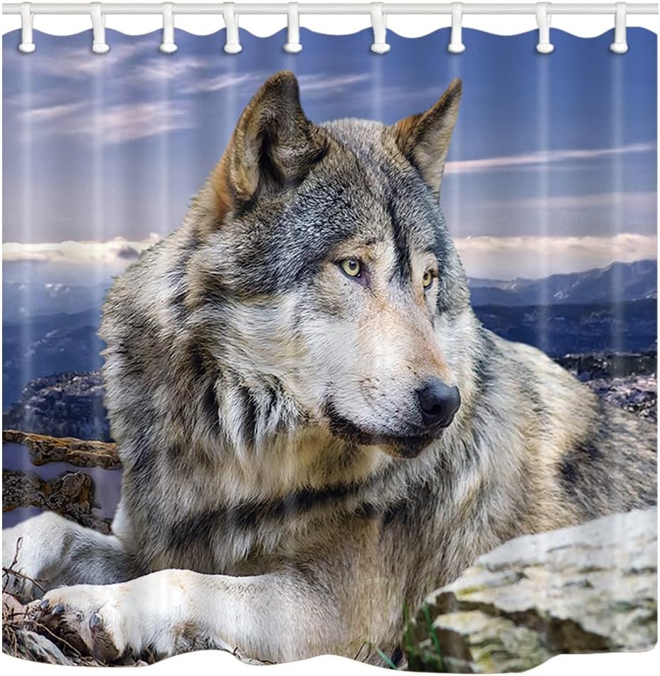 Highland Snow Mountain Wild Animals Purple Sky Background Wolf Shower Curtain, Rustic Bathroom Decor