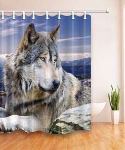 Highland Snow Mountain Wild Animals Purple Sky Background Wolf Shower Curtain, Rustic Bathroom Decor