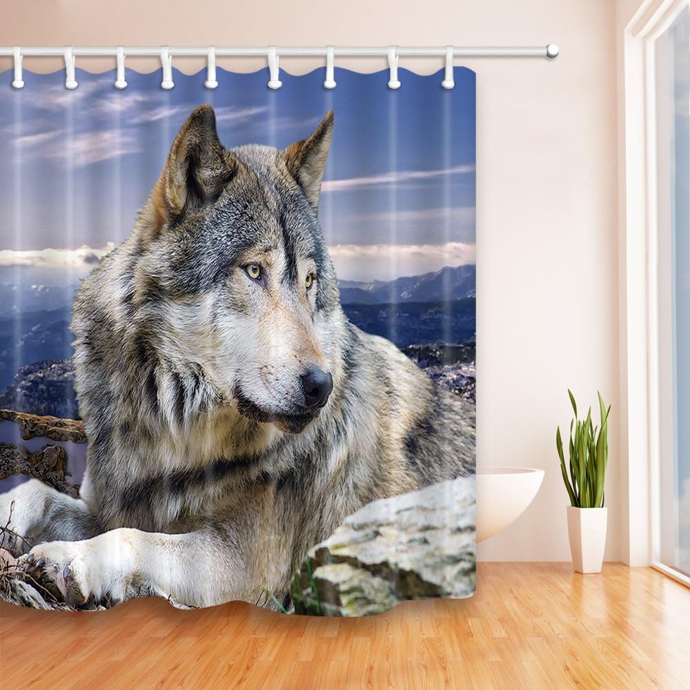 Highland Snow Mountain Wild Animals Purple Sky Background Wolf Shower Curtain, Rustic Bathroom Decor