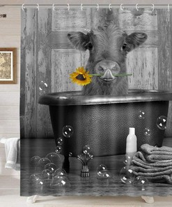 Highlandhorn Cattle With Sunflower Shower Curtain - Funny And Cute Farmhouse Bathroom Decor