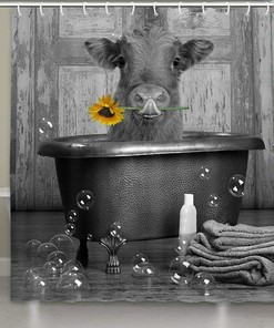 Highlandhorn Cattle With Sunflower Shower Curtain - Funny And Cute Farmhouse Bathroom Decor