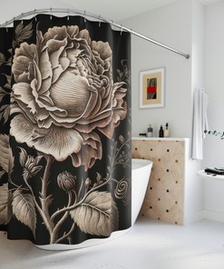 Highly Detailed Rose Engraving Print Polyester Shower Curtain for Natural Elegance