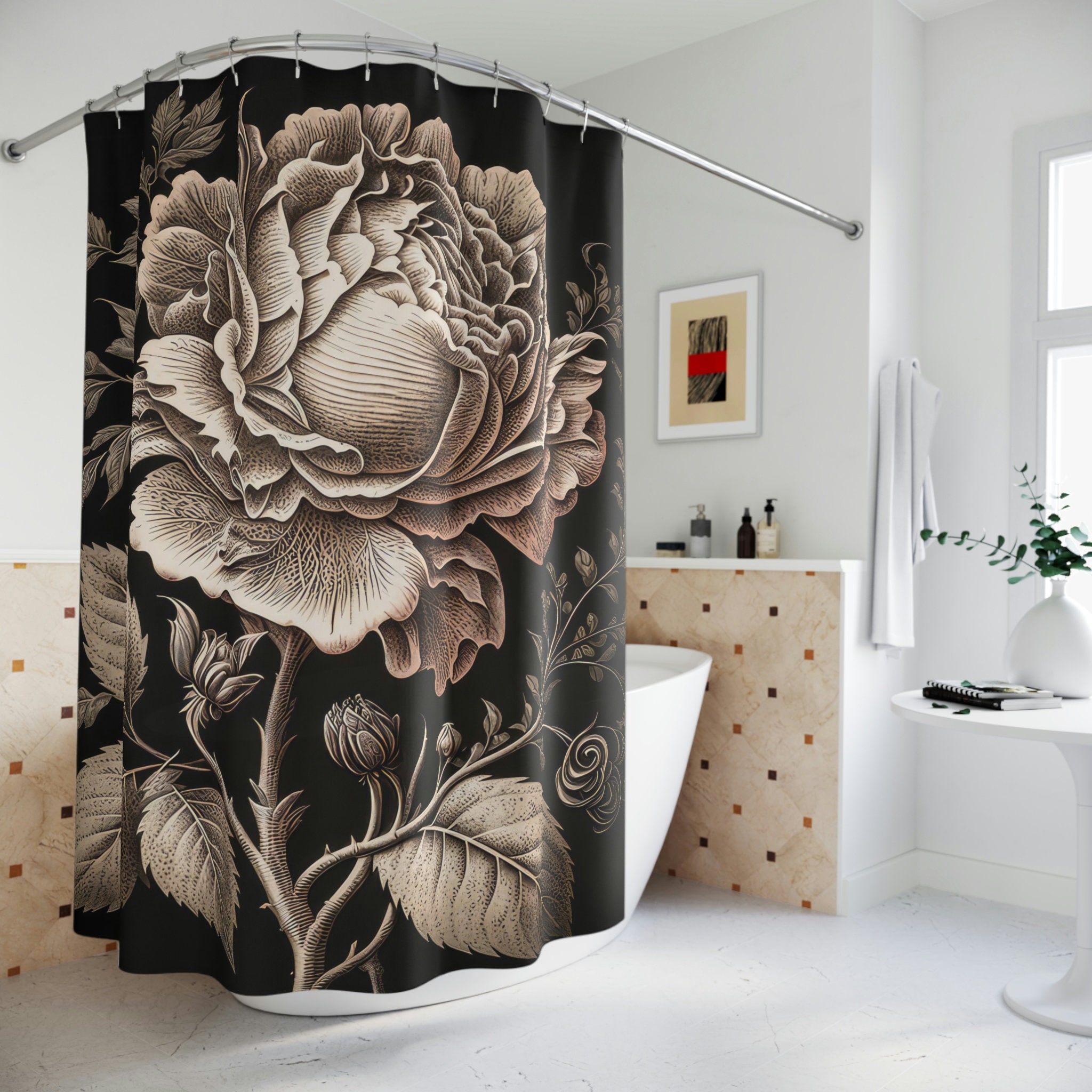 Highly Detailed Rose Engraving Print Polyester Shower Curtain for Natural Elegance