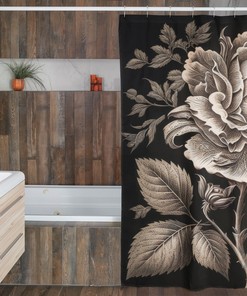 Highly Detailed Rose Engraving Print Polyester Shower Curtain for Natural Elegance