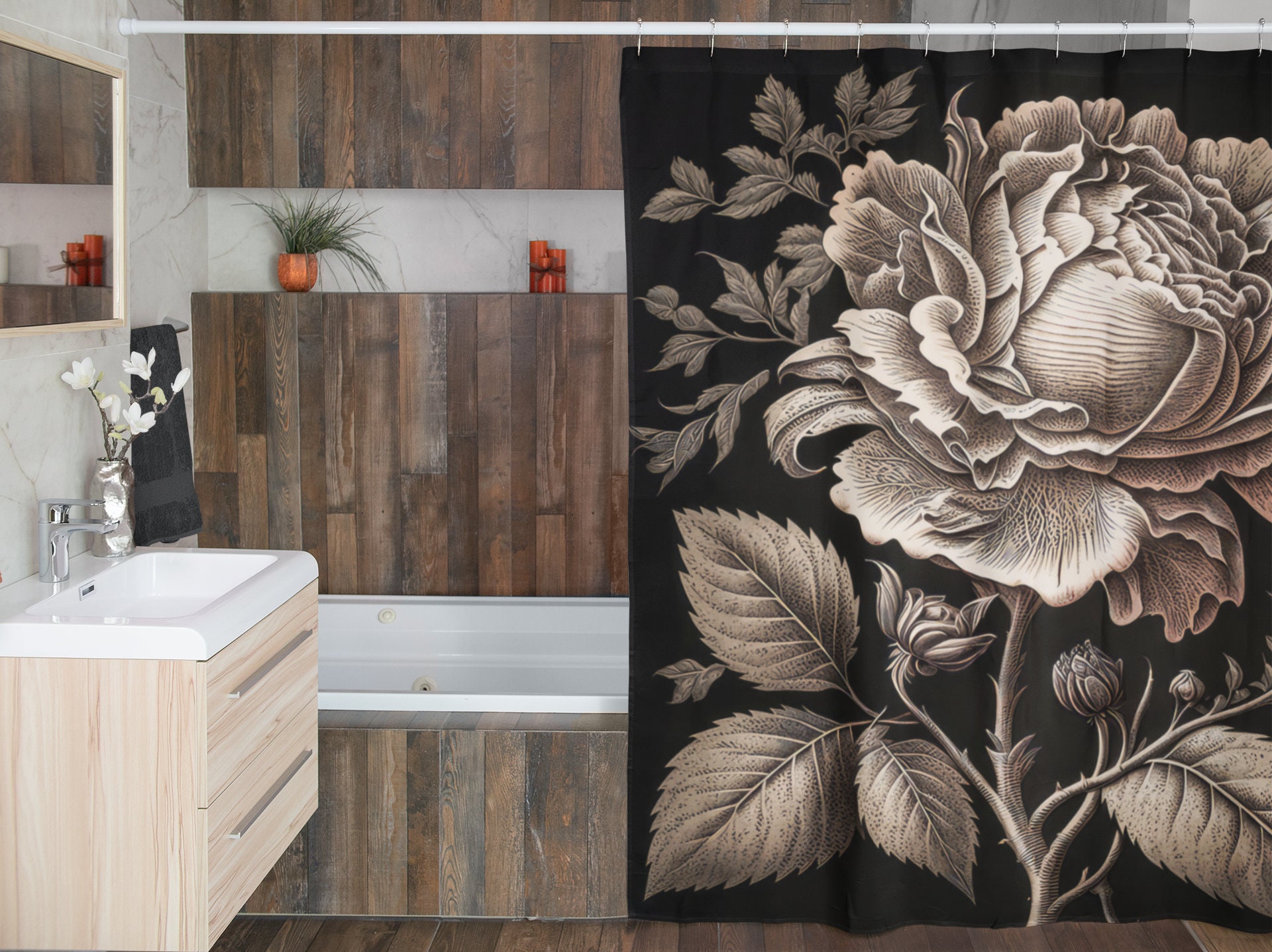 Highly Detailed Rose Engraving Print Polyester Shower Curtain for Natural Elegance