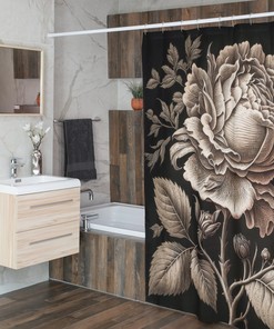 Highly Detailed Rose Engraving Print Polyester Shower Curtain for Natural Elegance