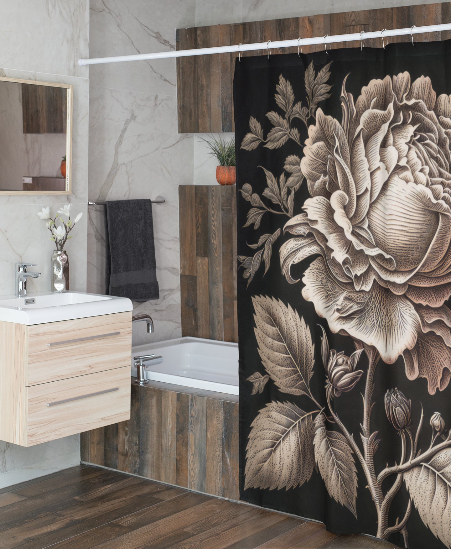 Highly Detailed Rose Engraving Print Polyester Shower Curtain for Natural Elegance