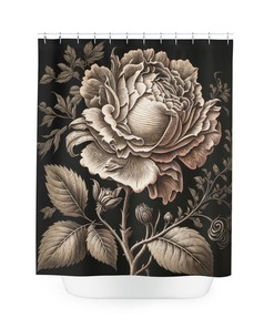 Highly Detailed Rose Engraving Print Polyester Shower Curtain for Natural Elegance