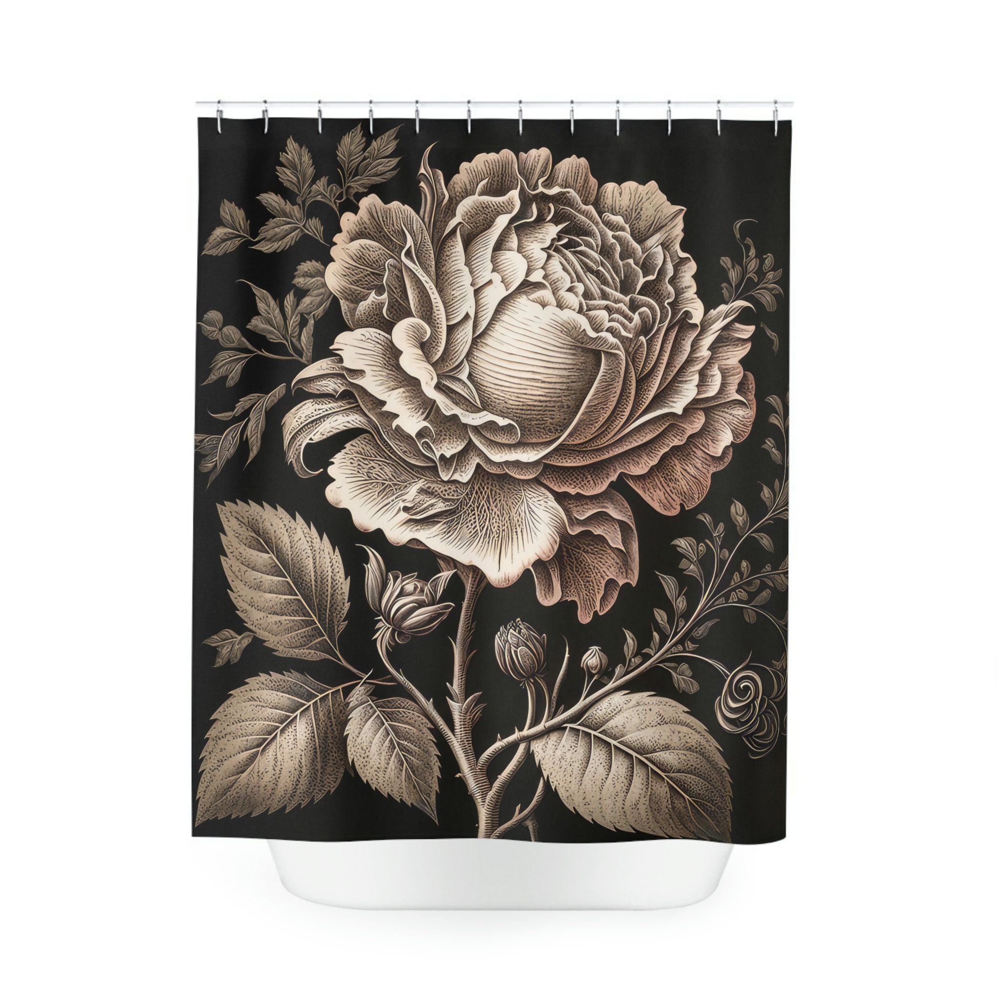 Highly Detailed Rose Engraving Print Polyester Shower Curtain for Natural Elegance