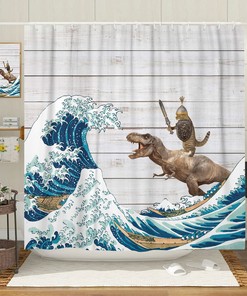 Hilarious Dinosaur And Cat Shower Curtain - Add Fun To Your Farmhouse Bathroom