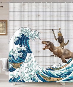 Hilarious Dinosaur And Cat Shower Curtain - Add Fun To Your Farmhouse Bathroom