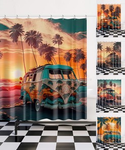 Hippie Bus Vintage Bulli Camper Shower Curtain - Bathroom Curtain for Camping Gifts