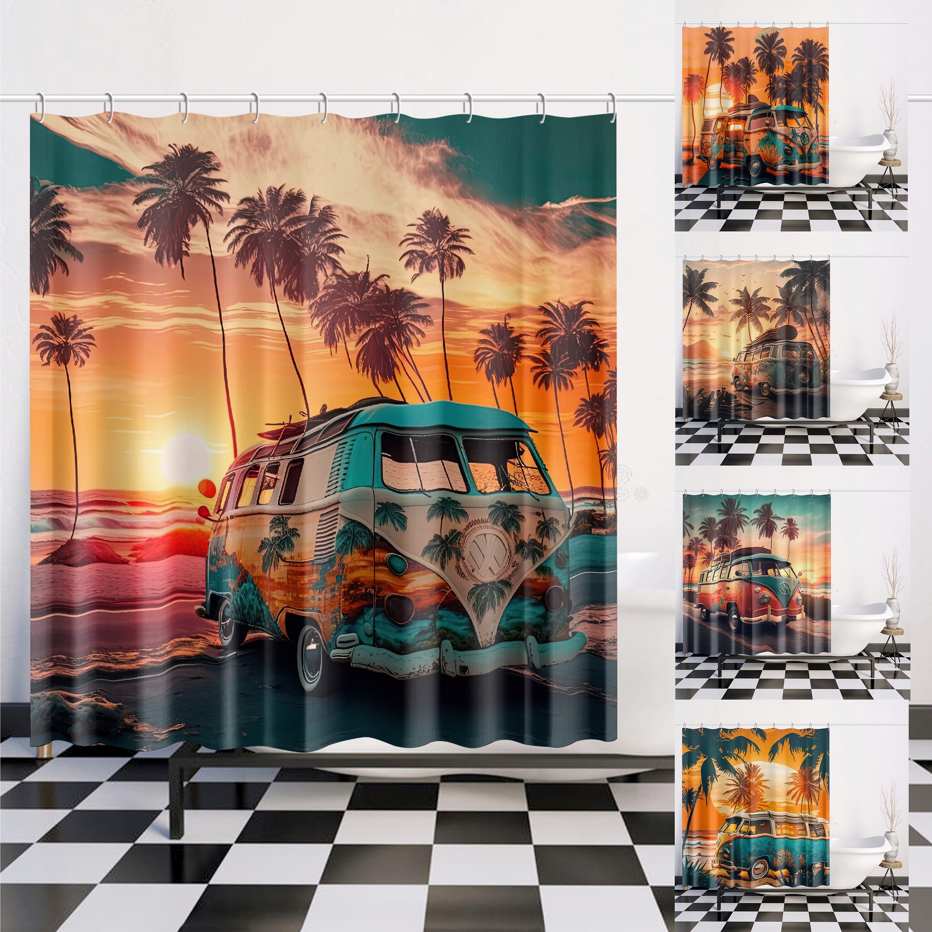 Hippie Bus Vintage Bulli Camper Shower Curtain - Bathroom Curtain for Camping Gifts