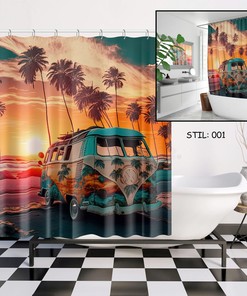 Hippie Bus Vintage Bulli Camper Shower Curtain - Bathroom Curtain for Camping Gifts
