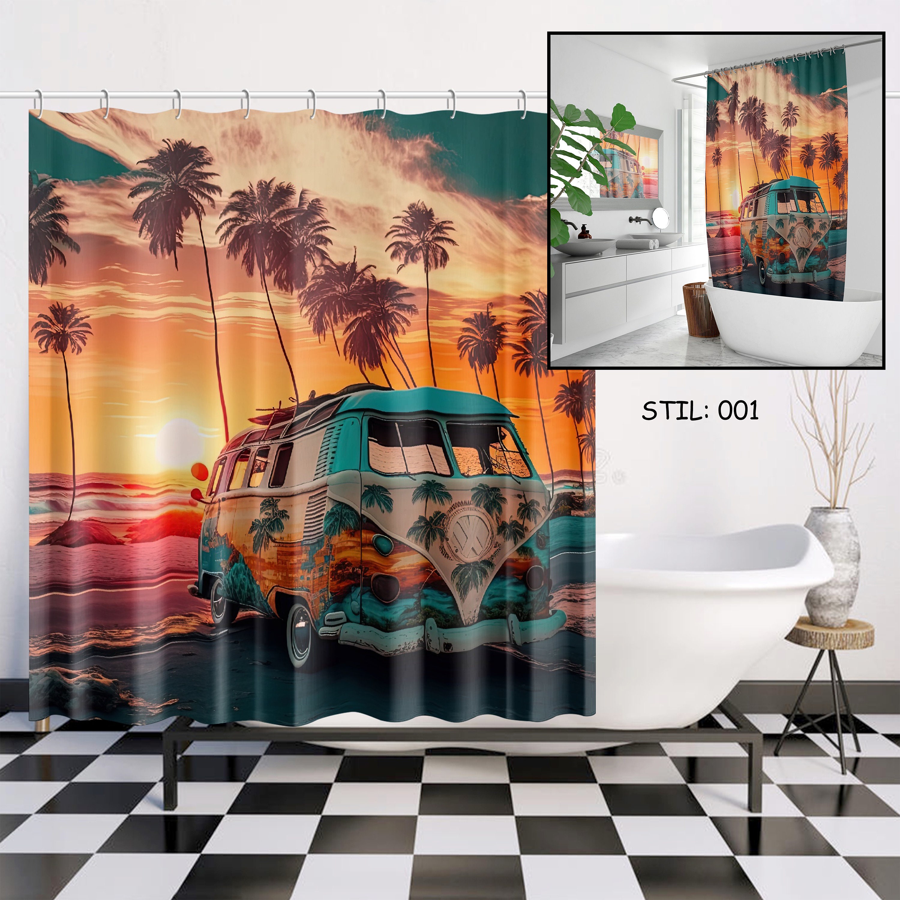 Hippie Bus Vintage Bulli Camper Shower Curtain - Bathroom Curtain for Camping Gifts