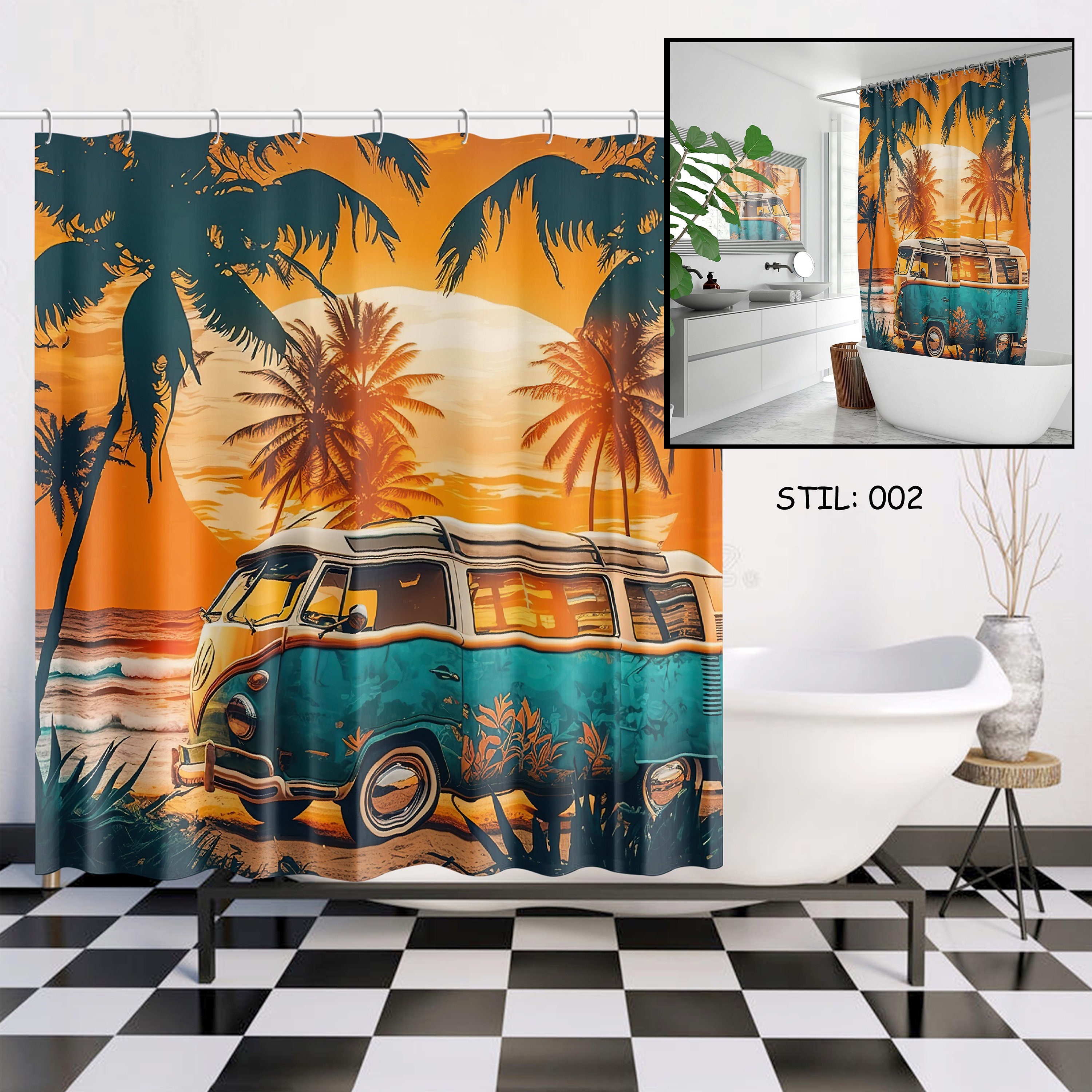 Hippie Bus Vintage Bulli Camper Shower Curtain - Bathroom Curtain for Camping Gifts