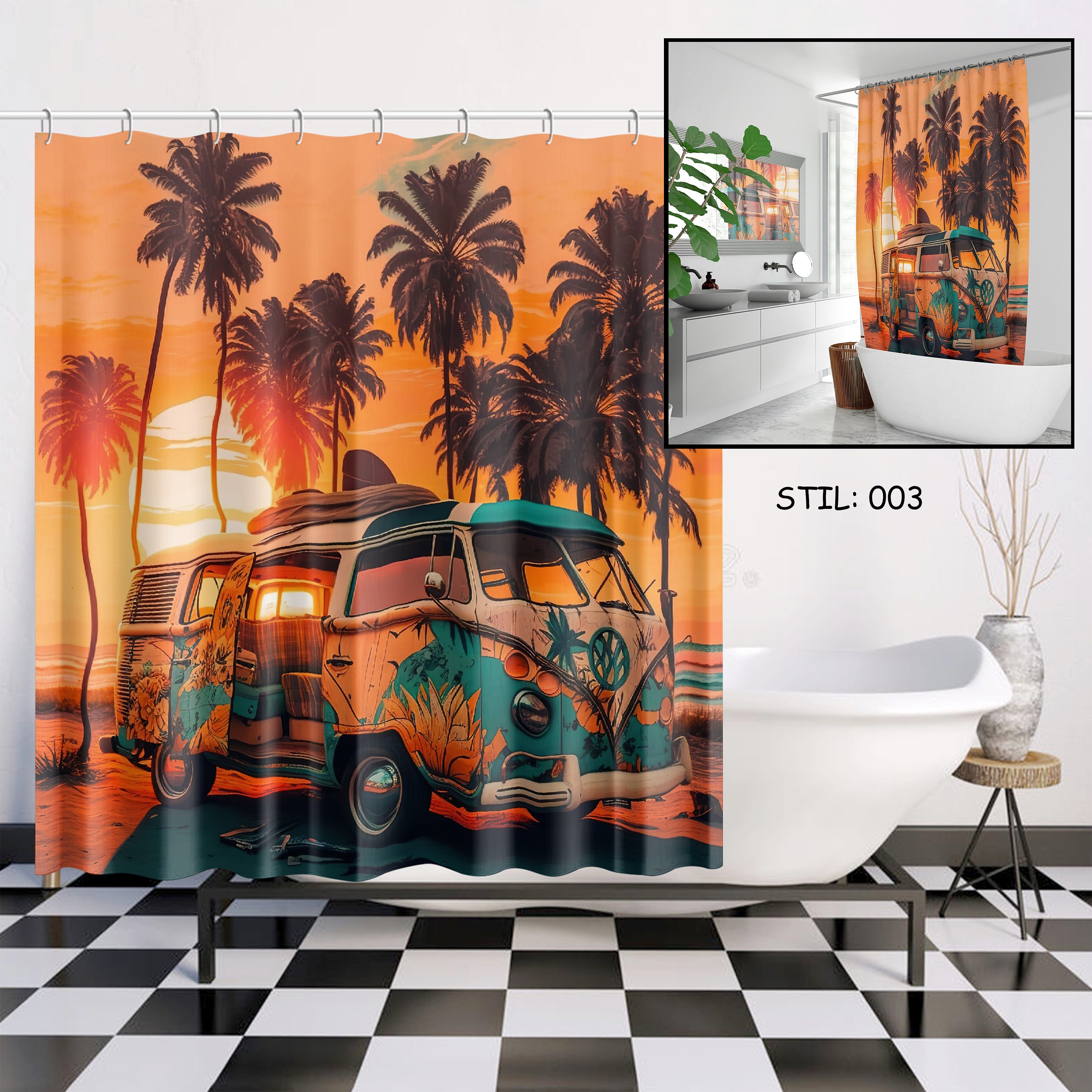 Hippie Bus Vintage Bulli Camper Shower Curtain - Bathroom Curtain for Camping Gifts