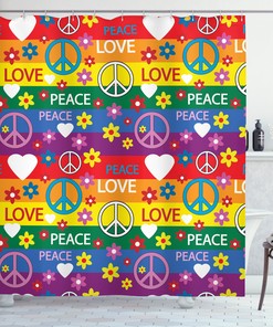 Hippie Joy Shower Curtain With Heart Peace Symbol Flower Power Design