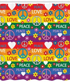 Hippie Joy Shower Curtain With Heart Peace Symbol Flower Power Design