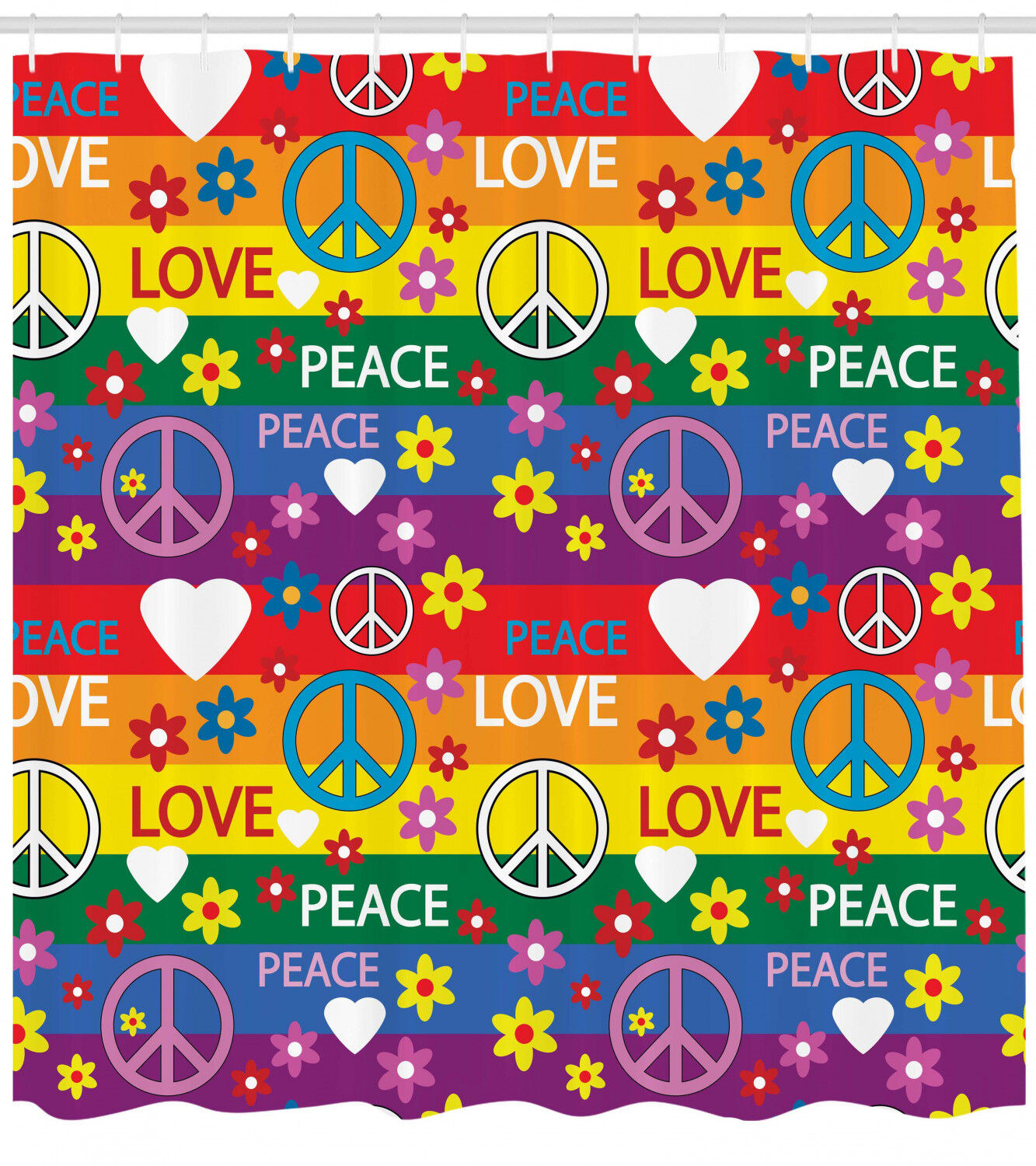 Hippie Joy Shower Curtain With Heart Peace Symbol Flower Power Design