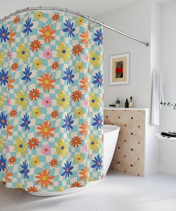 Hippie-Trippy-Warped Checker Blue Floral Checker Shower Curtain For Modern Bathroom Decor