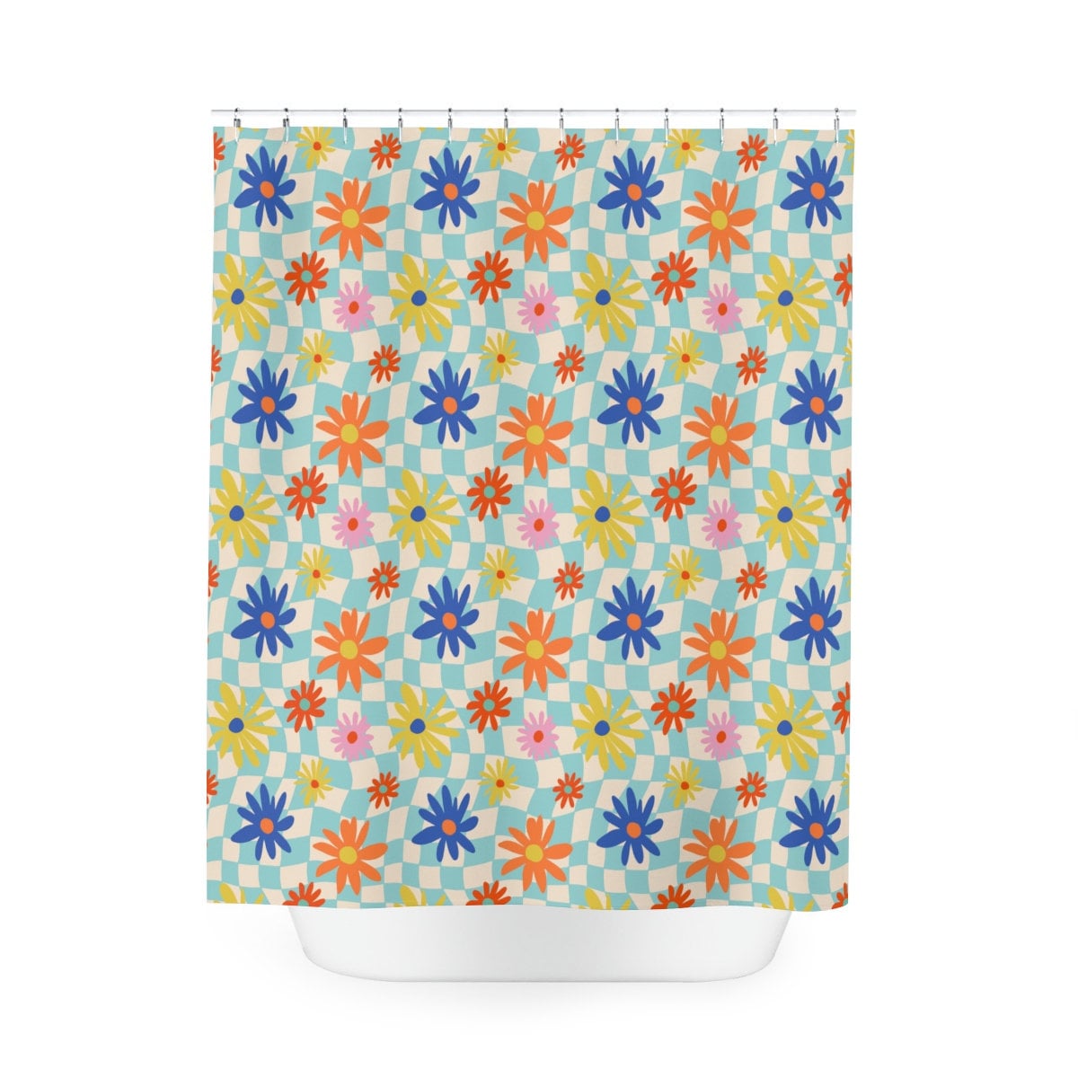 Hippie-Trippy-Warped Checker Blue Floral Checker Shower Curtain For Modern Bathroom Decor - Image 2