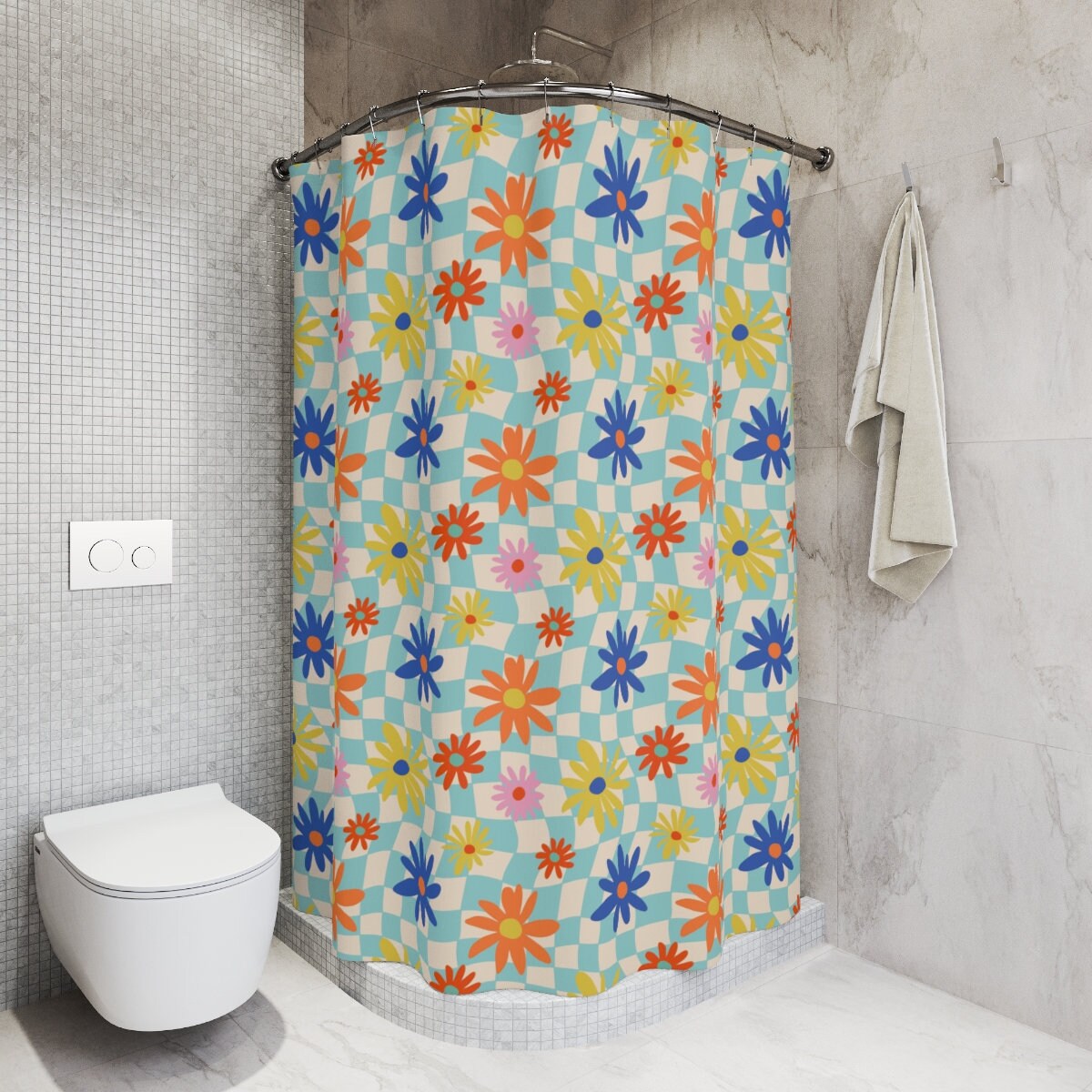 Hippie-Trippy-Warped Checker Blue Floral Checker Shower Curtain For Modern Bathroom Decor - Image 3