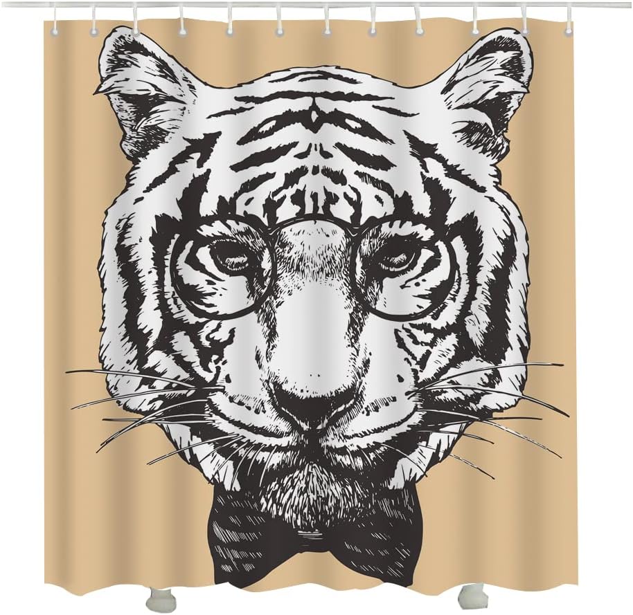 Hipster Black and White Tiger Animal Shower Curtain Set for Modern Bathroom Decor