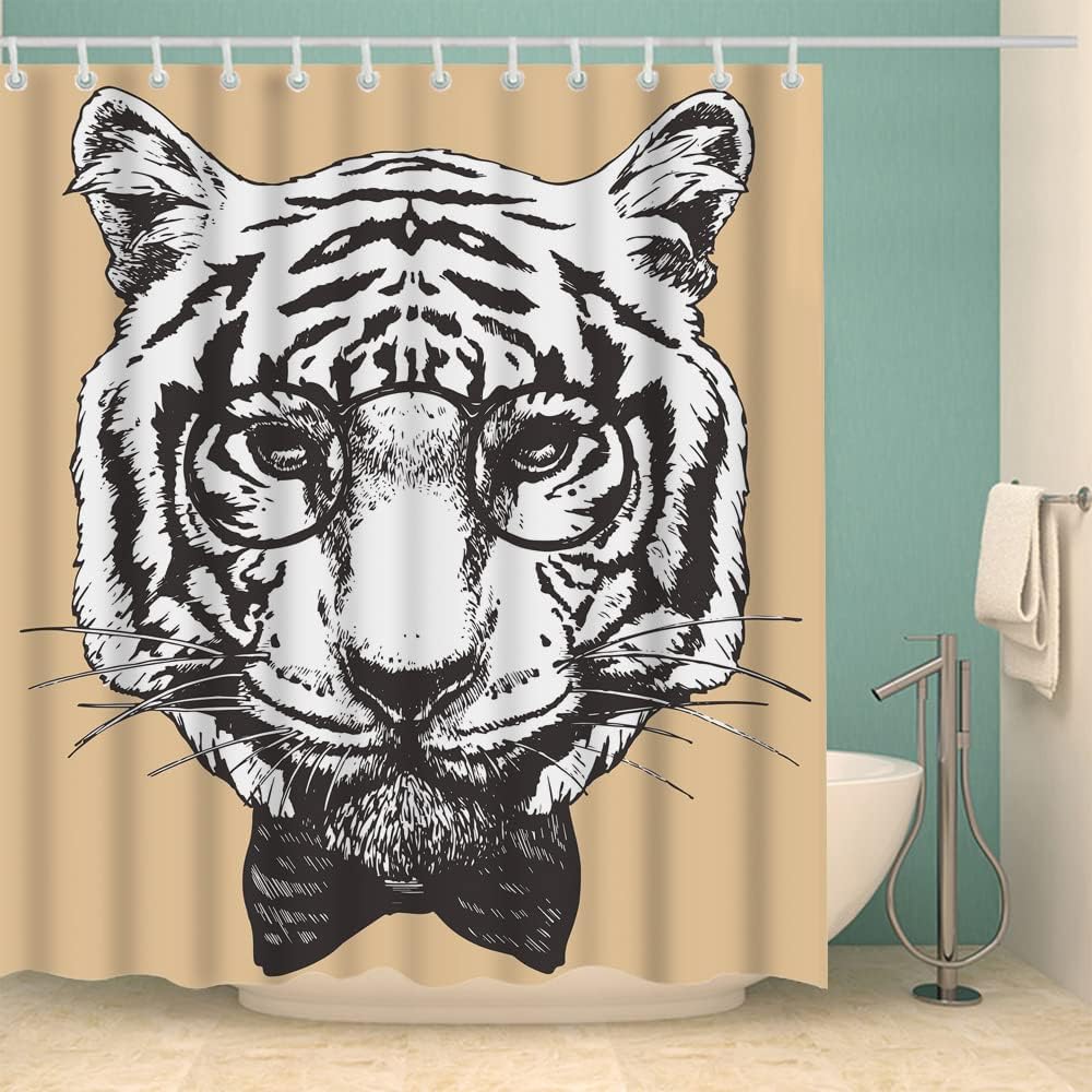 Hipster Black and White Tiger Animal Shower Curtain Set for Modern Bathroom Decor