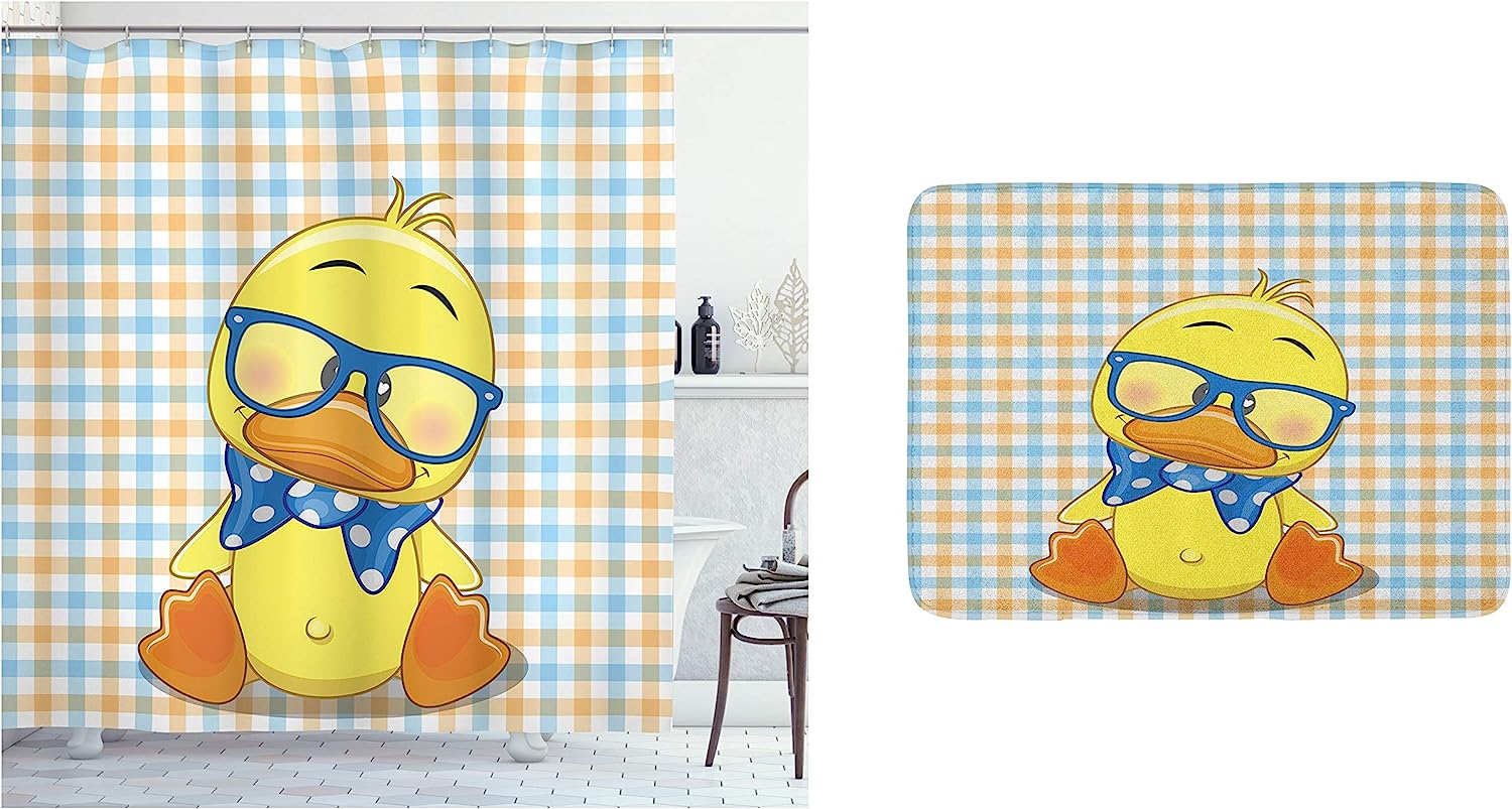 Hipster Boho Ducks With Dotted Bow Cartoon Shower Curtain Set - Bathroom Drape And Plush Mat Included
