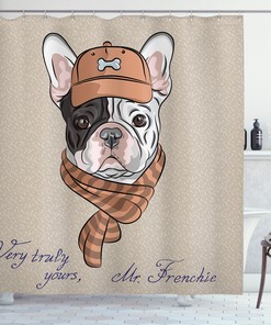 Hipster French Bulldog Shower Curtain With Brown Cap And Scarf Print
