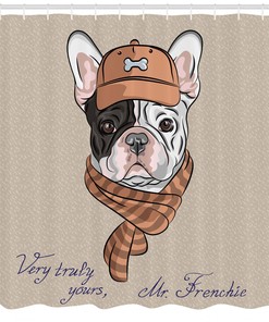 Hipster French Bulldog Shower Curtain With Brown Cap And Scarf Print