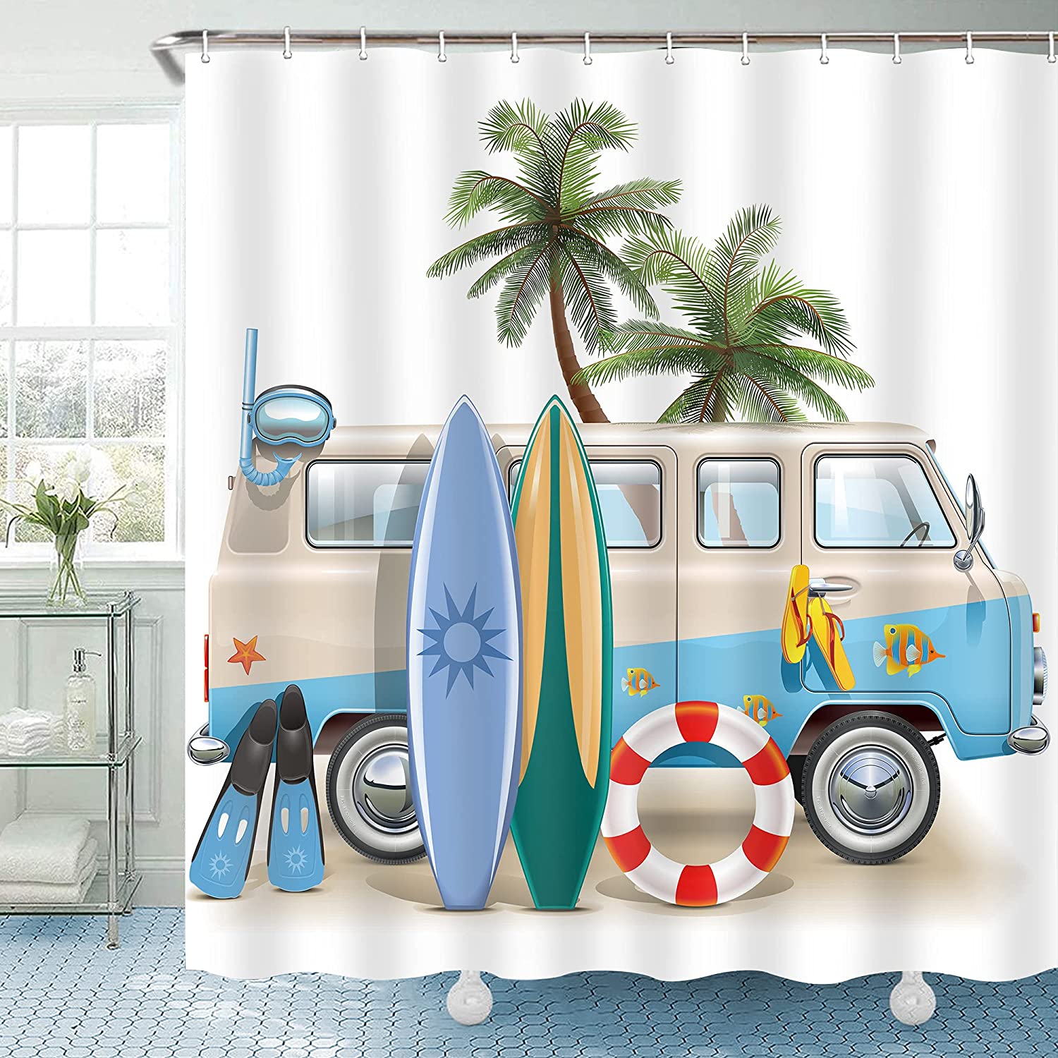 Hit the Road with Surf RV Shower Curtain for Beachy Bathroom Decor