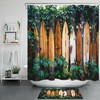 Hit the Waves with this Surfboard and Tropical Green Leaves Shower Curtain for Beachy Bathrooms