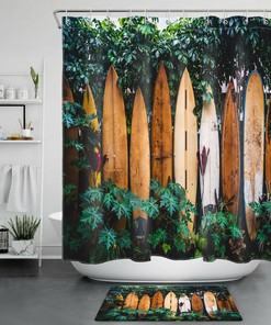 Hit the Waves with this Surfboard and Tropical Green Leaves Shower Curtain for Beachy Bathrooms