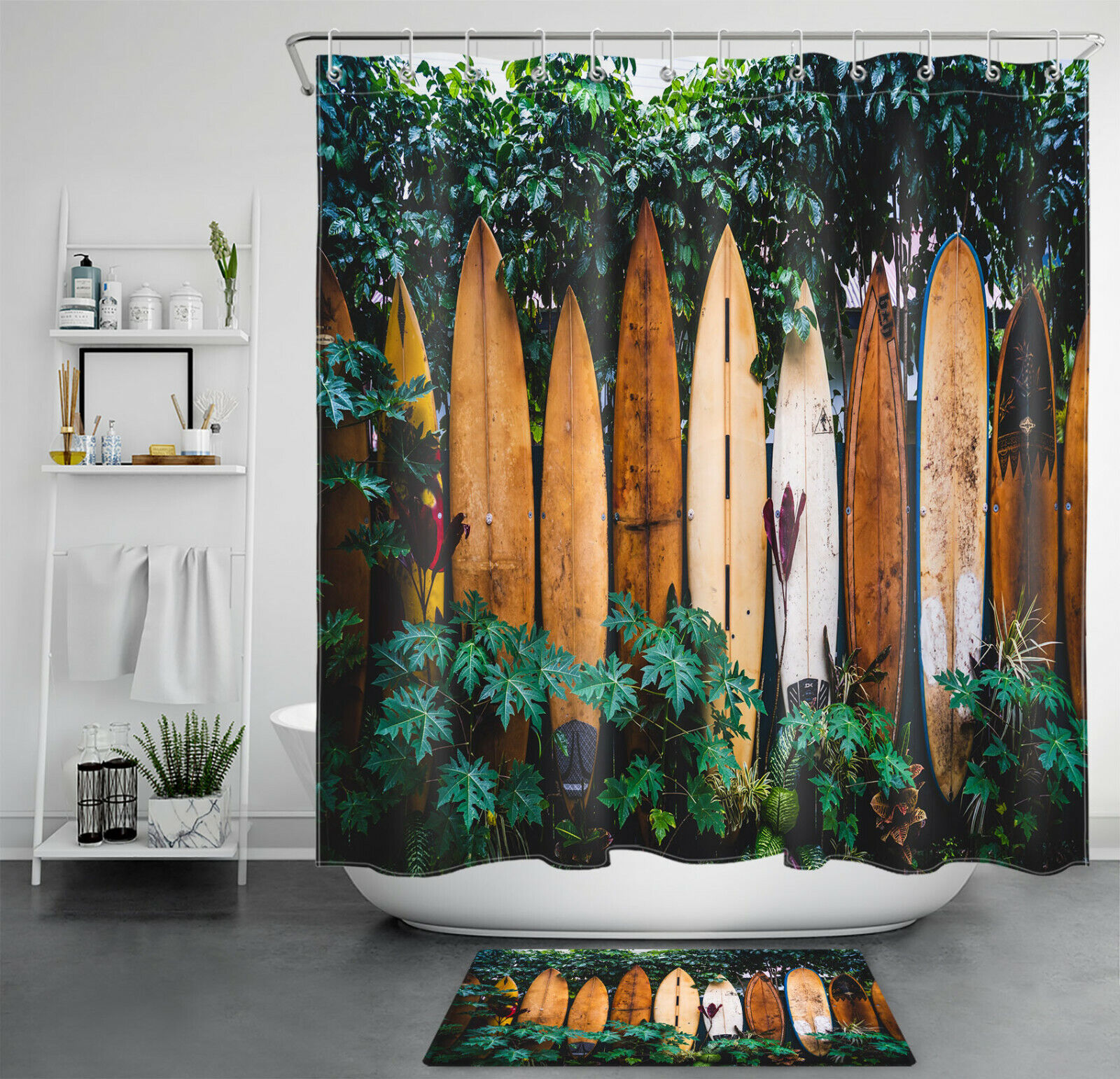 Hit the Waves with this Surfboard and Tropical Green Leaves Shower Curtain for Beachy Bathrooms